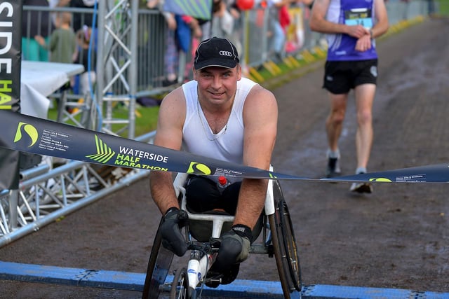 Karol Doherty was the first wheelchair competitor to finish the 39th Waterside Half Marathon on Sunday morning last. Photo: George Sweeney.  DER2236GS – 021