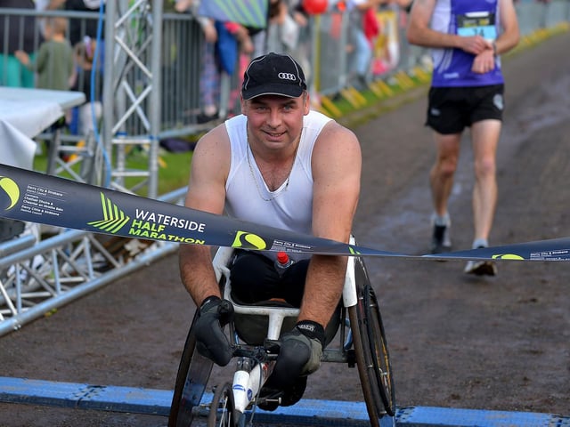 Karol Doherty was the first wheelchair competitor to finish the 39th Waterside Half Marathon on Sunday morning last. Photo: George Sweeney. DER2236GS – 021