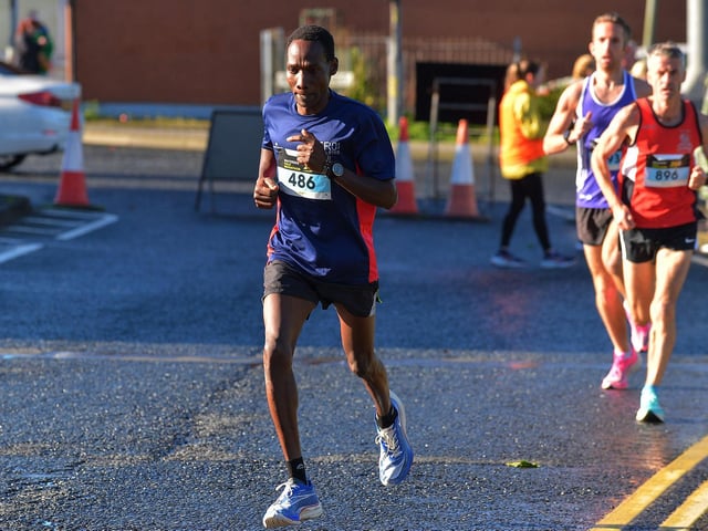 Winner Gideon Kimosop led the39th Waterside Half Marathon from start to finish on Sunday morning last. Photo: George Sweeney. DER2236GS – 008