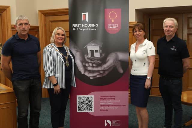 Mayor Sandra Duffy launching the Mayor's Charity "First Housing" in the Guildhall, with Sinead McFadden, First Housing. Also included are staff members Niall McCarroll (on left) and Paul McCartney. (Photo - Tom Heaney, nwpresspics)