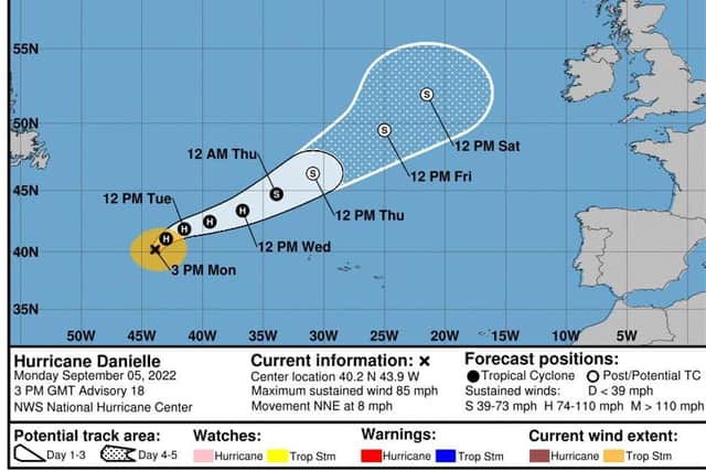 A graphic showing the predicted path of Hurricane Danielle.