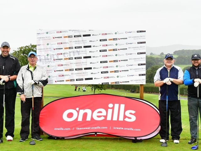 This fourball gets ready to tee off at the first hole at the Edgar McCormick Golf Classic, which took place on Saturday, at Foyle Golf Centre.