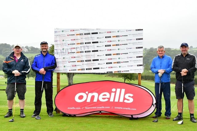 This fourball get ready to tee off at the Edgar McCormick Golf Classic, which took place at Foyle Golf Centre, on Saturday.