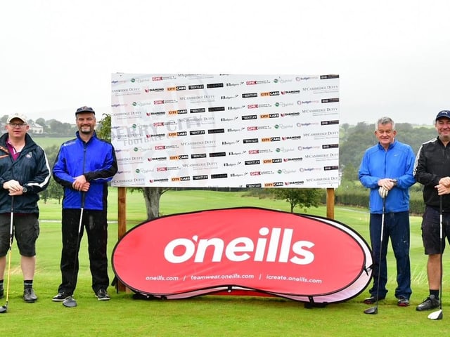 This fourball get ready to tee off at the Edgar McCormick Golf Classic, which took place at Foyle Golf Centre, on Saturday.