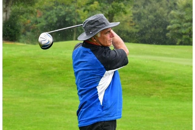 Former Derry City manager Felix Healy hits a lovely tee shot during the Edgar McCormick Golf Classic, which took place at Foyle Golf Centre, on Saturday.