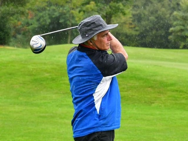 Former Derry City manager Felix Healy hits a lovely tee shot during the Edgar McCormick Golf Classic, which took place at Foyle Golf Centre, on Saturday.