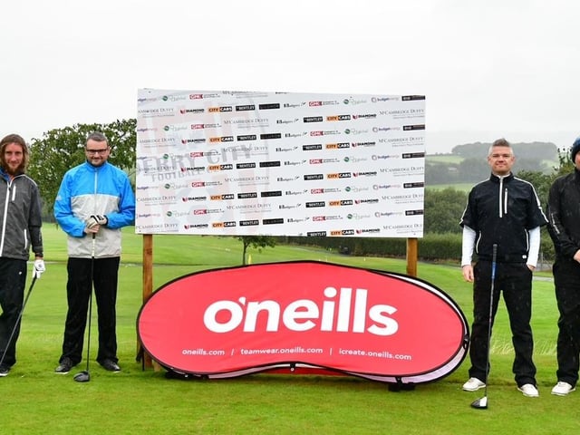 This fourball gets ready to tee off at the first hole at the Edgar McCormick Golf Classic, which took place at Foyle Golf Centre, on Saturday.