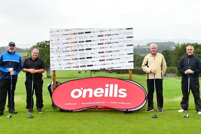 This fourball gets ready to tee off at the Edgar McCormick Golf Classic, which took place at Foyle Golf Centre, on Saturday.