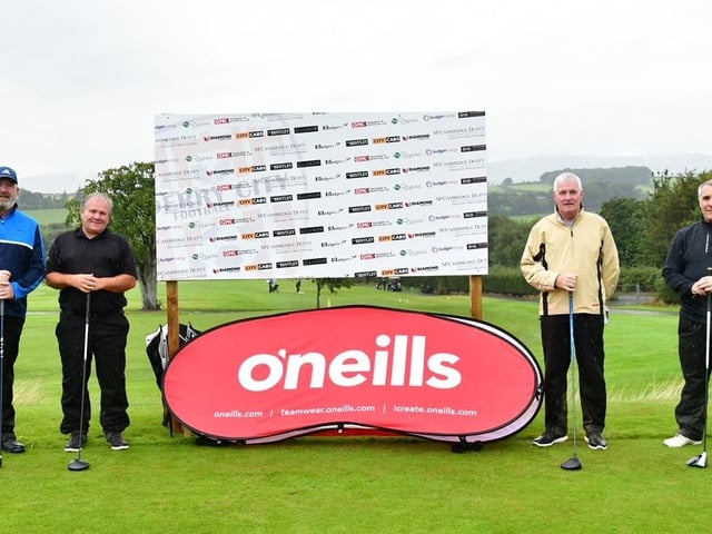 This fourball gets ready to tee off at the Edgar McCormick Golf Classic, which took place at Foyle Golf Centre, on Saturday.