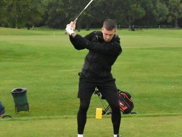 Derry City captain Patrick McEleney in full swing during Saturday's Edgar McCormick Golf Classic, which took place at Foyle Golf Centre.