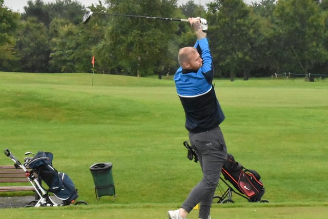 Derry City's Mark Connolly gets this one away during Saturday's Edgar McCormick Golf Classic, which took place at Foyle Golf Centre.