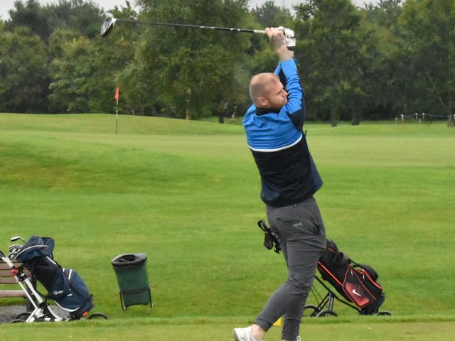 Derry City's Mark Connolly gets this one away during Saturday's Edgar McCormick Golf Classic, which took place at Foyle Golf Centre.
