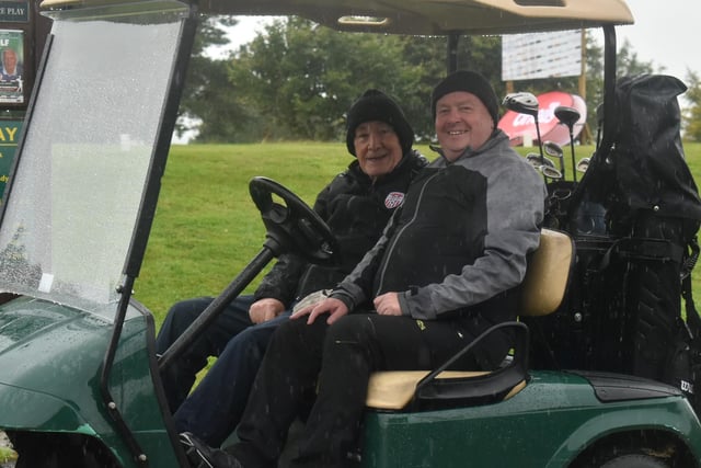 Denis Bradley and Dessie McCallion are all smiles during Saturday's Edgar McCormick Golf Classic, which took place at Foyle Golf Centre.