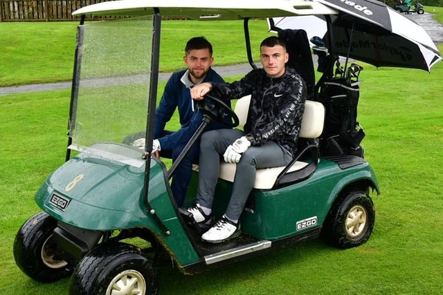 Derry City pair Will Patching and Ryan Graydon enjoying themselves at Saturday's Edgar McCormick Golf Classic, which took place at Foyle Golf Centre.