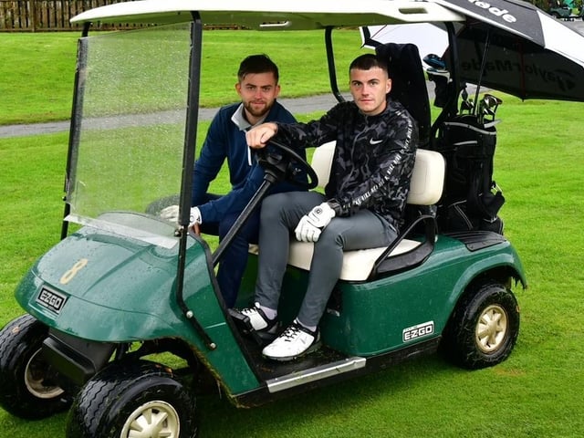 Derry City pair Will Patching and Ryan Graydon enjoying themselves at Saturday's Edgar McCormick Golf Classic, which took place at Foyle Golf Centre.