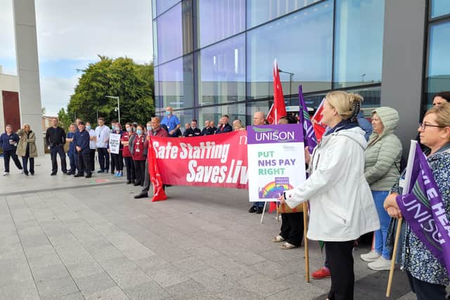 A lunchtime demonstration was held by Health and Social Care Staff in the Western Trust outside Altnagelvin, Omagh and South West Acute Hospital to highlight their pay increase demands.