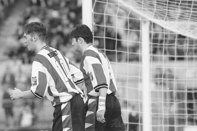 Gary Beckett and Peter Hutton in action during Derry's historic victory over Celtic in July 1997.