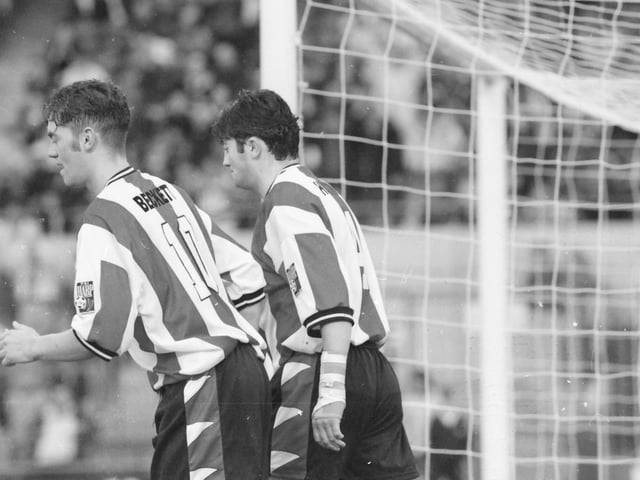 Gary Beckett and Peter Hutton in action during Derry's historic victory over Celtic in July 1997.