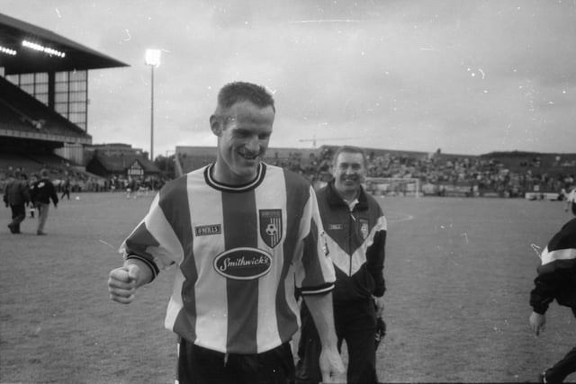 An ecstatic Paul Hegarty leaves the field after Derry beat Celtic 3-2 at Lansdowne Road
