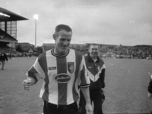 An ecstatic Paul Hegarty leaves the field after Derry beat Celtic 3-2 at Lansdowne Road