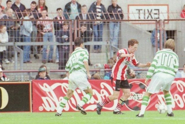 Derry City's Ryan Coyle taking on Celtic duo Jackie McNamara and Simon Donnelly at Lansdowne Road in July 1997. Coyle scored the winner in a famous 3-2 victory.