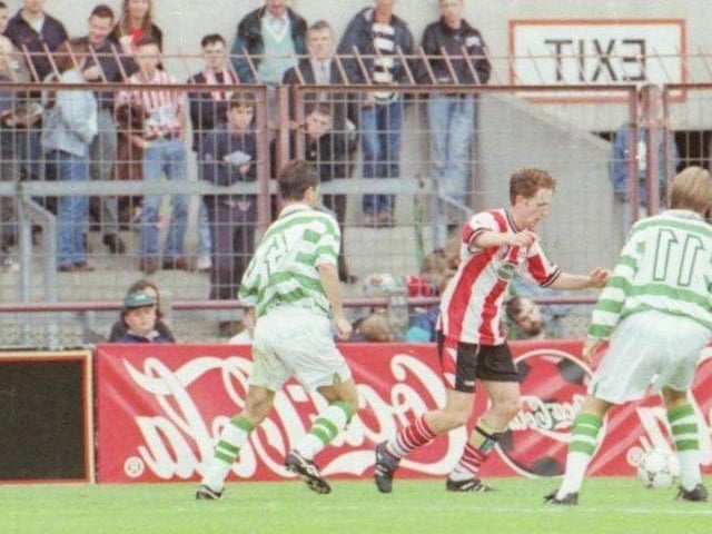 Derry City's Ryan Coyle taking on Celtic duo Jackie McNamara and Simon Donnelly at Lansdowne Road in July 1997. Coyle scored the winner in a famous 3-2 victory.
