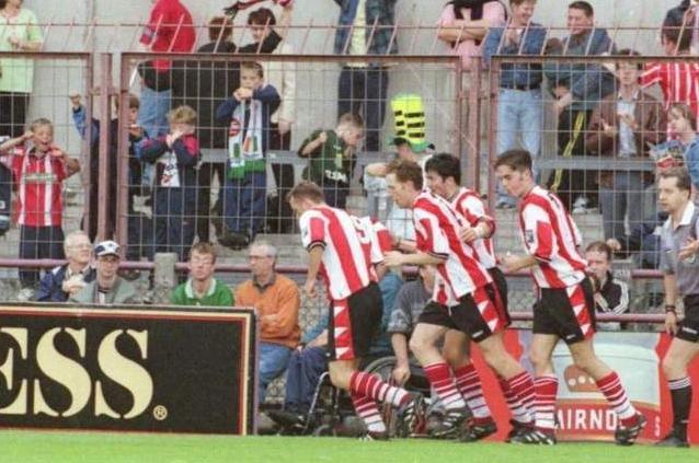 Ryan Coyle is congratulated by team-mates Liam Coyle, Peter Hutton and Gary Beckett after his match-winning goal against Celtic in Lansdowne Road in July 1997.