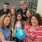 Students Matthew McGrotty, Emily Scott, Hollie Wilson, Caoirse McCann, Luke McElhtton, Cian Tierney, and Caoimhe Cross, pictured with Gillian Moss, Head of Client Services at NWRC and Bronagh Fikri, European and International Projects Officer at NWRC following the announcement that Students at North West Regional College (NWRC) are being given a once in a lifetime opportunity to travel internationally to the United States, and across Europe as part of their course.  (Pic Martin McKeown).