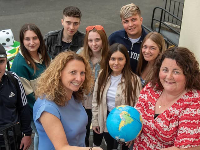 Students Matthew McGrotty, Emily Scott, Hollie Wilson, Caoirse McCann, Luke McElhtton, Cian Tierney, and Caoimhe Cross, pictured with Gillian Moss, Head of Client Services at NWRC and Bronagh Fikri, European and International Projects Officer at NWRC following the announcement that Students at North West Regional College (NWRC) are being given a once in a lifetime opportunity to travel internationally to the United States, and across Europe as part of their course.  (Pic Martin McKeown).