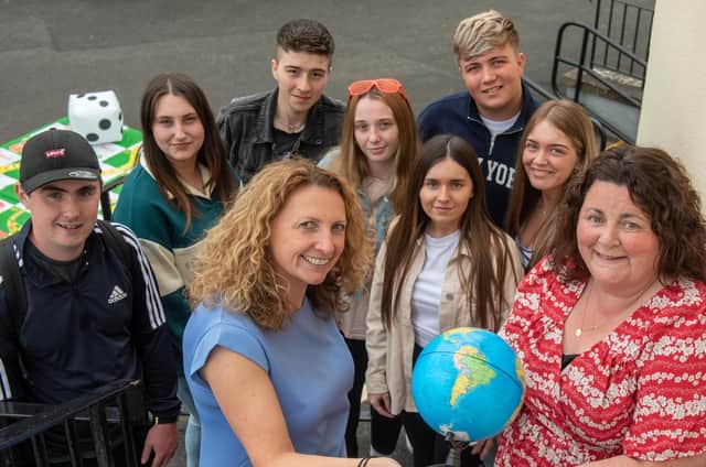 Students Matthew McGrotty, Emily Scott, Hollie Wilson, Caoirse McCann, Luke McElhtton, Cian Tierney, and Caoimhe Cross, pictured with Gillian Moss, Head of Client Services at NWRC and Bronagh Fikri, European and International Projects Officer at NWRC following the announcement that Students at North West Regional College (NWRC) are being given a once in a lifetime opportunity to travel internationally to the United States, and across Europe as part of their course. (Pic Martin McKeown).