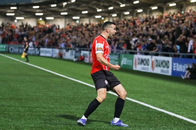 Derry City winger Michael Duffy celebrates in front of the home support in the Southend Park Stand after his terrific strike gave the Candy Stripes the lead against Bohemians. Photo by Kevin Moore.