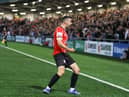 Derry City winger Michael Duffy celebrates in front of the home support in the Southend Park Stand after his terrific strike gave the Candy Stripes the lead against Bohemians. Photo by Kevin Moore.