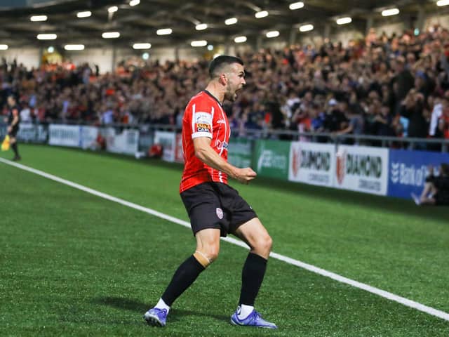 Derry City winger Michael Duffy celebrates in front of the home support in the Southend Park Stand after his terrific strike gave the Candy Stripes the lead against Bohemians. Photo by Kevin Moore.