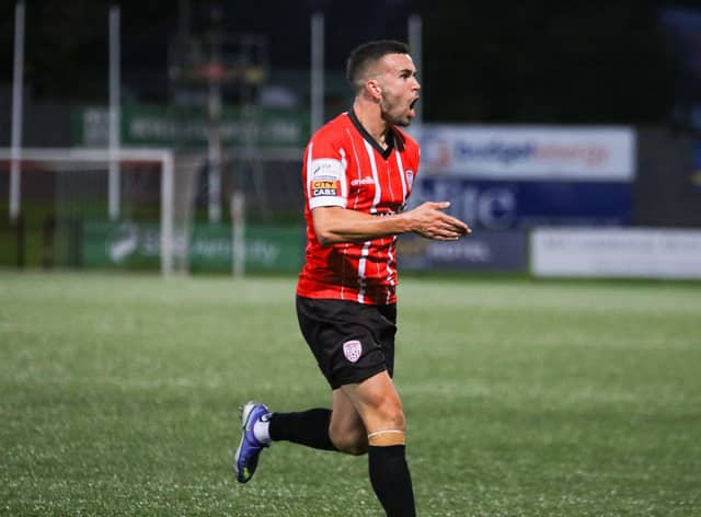 Derry City matchwinner Michael Duffy celebrates his stunning goal.