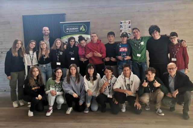 Students from Monza who recently completed an IGCSE geography project in Derry, pictured with teachers Filena Spadavecchia and Norberto Giamberduca and North West Academy of English teacher, Jonathan Crockett.