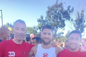 Ryan Dillon (centre) with Stephen Quigley and Seamus Crossan who are doing 30 half marathons in 30 days in September.