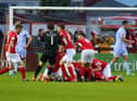 Sligo Rovers players celebrate Seamas Keogh’s injury time winner against Derry at the Showgrounds last May