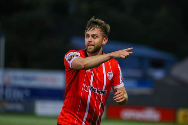 Will Patching celebrates his free-kick which broke the deadlock against Sligo Rovers at Brandywell.