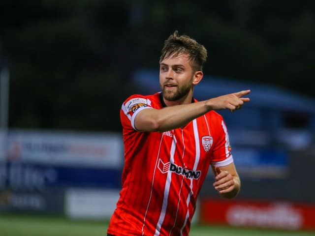 Will Patching celebrates his free-kick which broke the deadlock against Sligo Rovers at Brandywell.