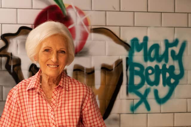 Mary Berry at Casamia in Bristol with a mural she helped create inside the restaurant