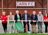 L-R:Sarah McDaid, Carn FC secretary,Helen Nolan CEO Spraoi,Patricia Lee Chairperson Spraoi,Jim Coyle Chairperson Carn FC,Patsy Doherty Trustee,Owen McGuinness Trustee,Roisin McLaughlin Treasurer Carn FC