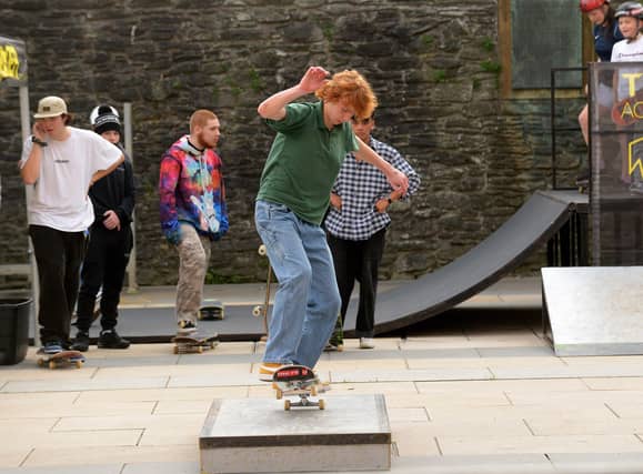 Local skate boarders demonstrate their skills in Guildhall Square during the Culture Night on Friday evening last. DER2137GS - 038