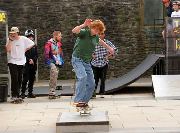 Local skate boarders demonstrate their skills in Guildhall Square during the Culture Night on Friday evening last.  DER2137GS - 038
