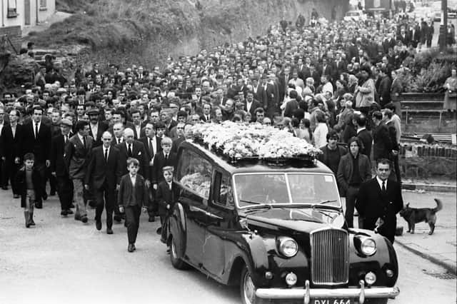 The funeral cortege of William McGreanery makes it way across Laburnum Terrace past the spot where he was shot dead on September 15, 1971.