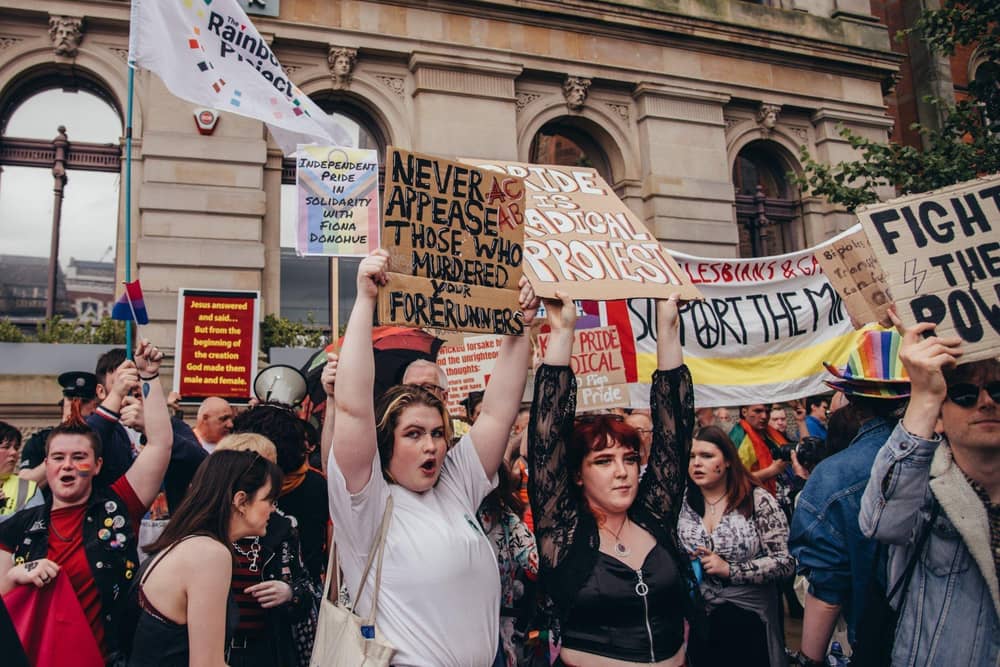 A group of LGBTQIA+ protesters blocking the counter-protest by the Christian group. Picture by Brendan Harkin