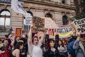 A group of LGBTQIA+ protesters blocking the counter-protest by the Christian group. Picture by Brendan Harkin