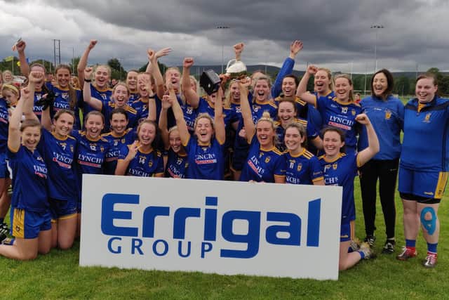 Steelstown Ladies celebrate their Derry senior county title victory over Ballymaguigan in Glen on Sunday.