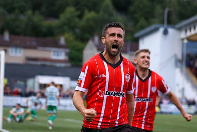 Danny Lafferty celebrates putting Derry City back in front in extra-time against Shamrock Rovers.