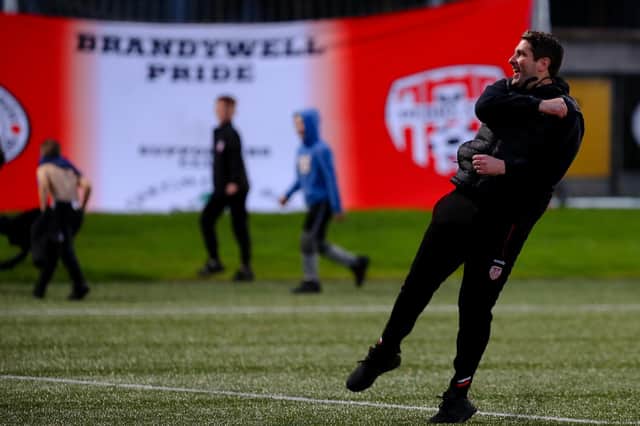 Derry City boss Ruaidhrí Higgins celebrates after their win over Shamrock Rovers.