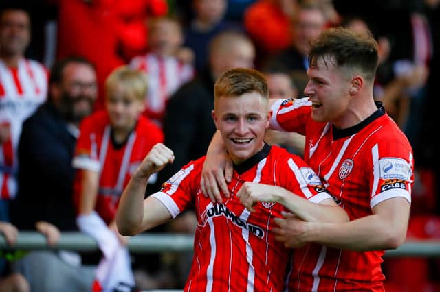 Derry City's Brandon Kavanagh celebrates with Cameron McJannet after scoring his first goal for the club.